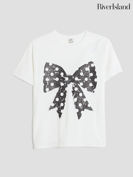 River Island White Girls Polka Dot Bow T-Shirt (H62286) | €17.50