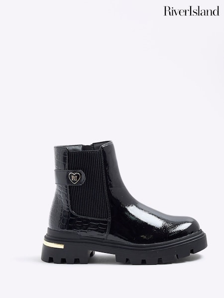 River Island Black Girls Patent Heart Strap Chelsea Boots (H62287) | €37