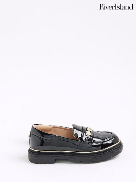 River Island Black Girls Patent Flower Chain Loafers (H62304) | €35