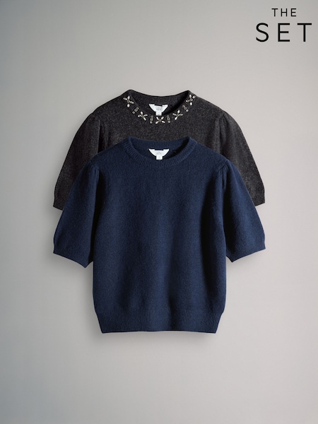 The Set Embellished Charcoal Grey/Navy Blue 2 Pack Knitted T-Shirts (H62409) | AED192