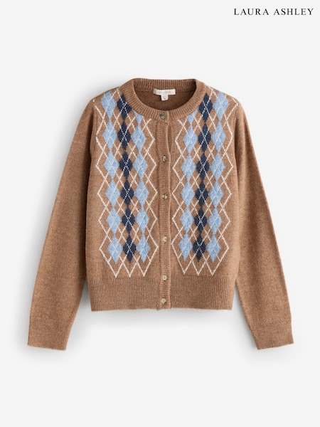 Laura Ashley Tan Brown Argyle Knit Cardigan with A Touch Of Wool (H62413) | €66