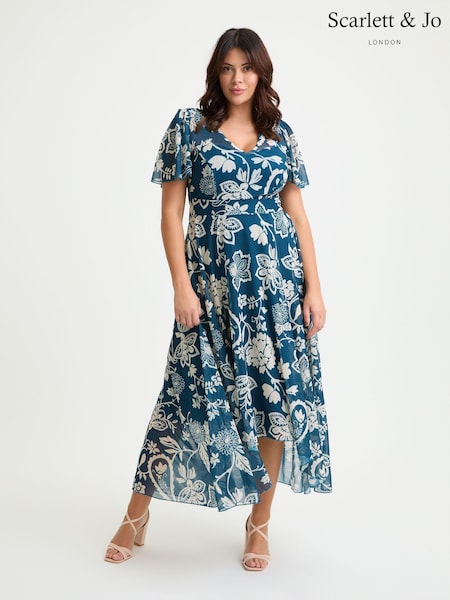 Scarlett & Jo Blue Tilly Print Angel Sleeve Sweetheart Dress (H62420) | R$ 890