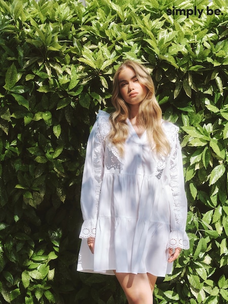 Simply Be White Ruffle Detail Cotton Broderie Shirt Dress (H62468) | €53