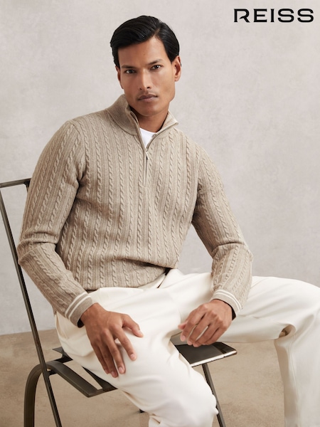 Ovseno rjav - Reiss Tuscano Half-Zip Cable Knit Jumper With Wool (H62742) | € 158
