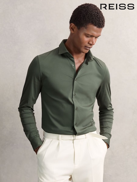 Reiss Kale Green Duke Cotton-Jersey Button-Through Shirt (H62765) | AED562
