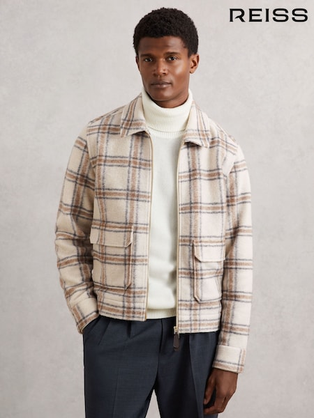 Reiss Stone Varena Zip-Through Check Overshirt with Wool (H62767) | €205