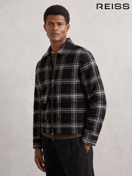 Reiss Navy Varena Zip-Through Check Overshirt with Wool (H62794) | AED1,138