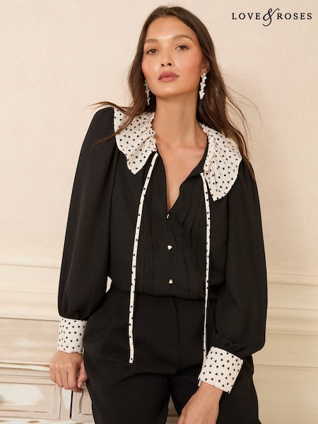 Love & Roses Black White Heart Long Sleeve Contrast Collar Notch Neck Blouse (H62819) | €50