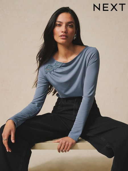 Blue Lace Detail Long Sleeve Top (H62844) | $51