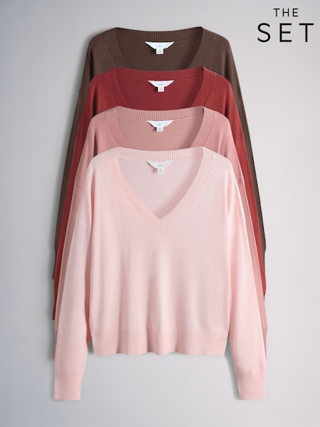 The Set 4 Pack 4 Pack Fine Knit V-Neck Jumpers Brown/Red/Pink (H62869) | ₪201