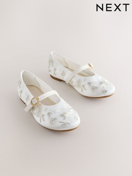 أبيض - Embroidered Stain Resistant Satin Mary Jane Occasion Shoes (H62917) | ‏135 ر.ق. - ‏171 ر.ق.