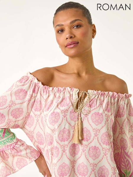 Roman Printed Bardot Tie Neck Blouse (H63043) | R$ 485