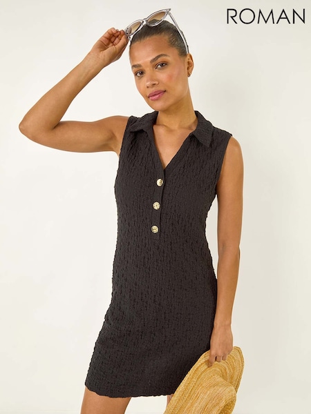 Roman Black Crinkle Collared A-Line Stretch Dress (H63045) | R$ 580