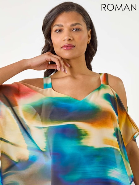 Roman Yellow Abstract Overlay Cold Shoulder Blouse (H63046) | €53