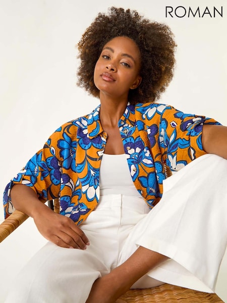 Roman Orange Floral Print Button Up Blouse (H63057) | €53