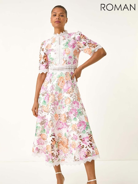 Roman White Floral Print Lace Midi Dress (H63060) | €102