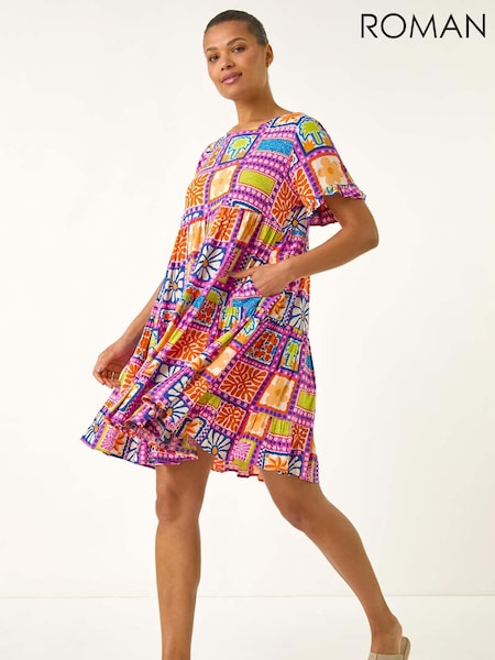 Roman Pink Tiled Tiered Frill Smock Dress (H63062) | R$ 580