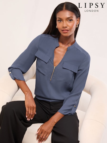 Lipsy Blue Zip Front Utility Pocket Blouse (H63315) | €41.50