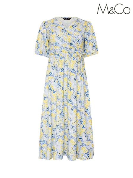 M&Co Yellow Petite Ditsy Wrap Midi Dress (H63362) | R$ 385