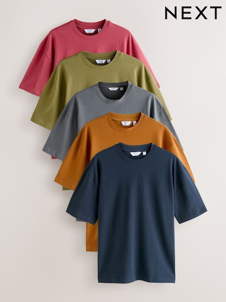Orange/Grey/Green/Navy Blue/Red Relaxed Fit Heavyweight T-Shirts 5 Pack (H63395) | €99