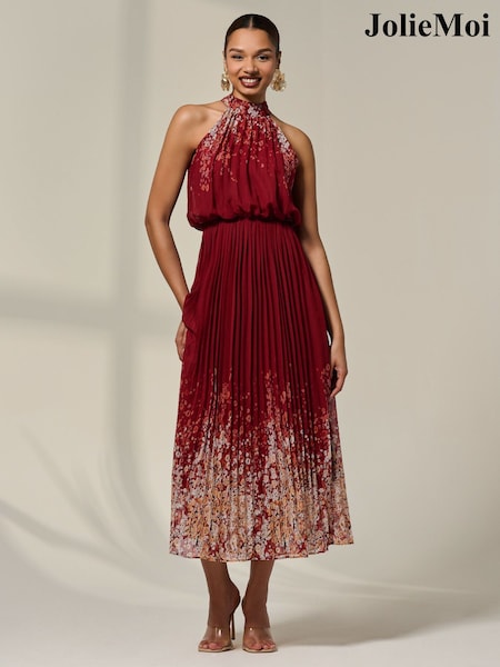 Jolie Moi Red Pleated Halterneck Maxi Dress (H63443) | R$ 770