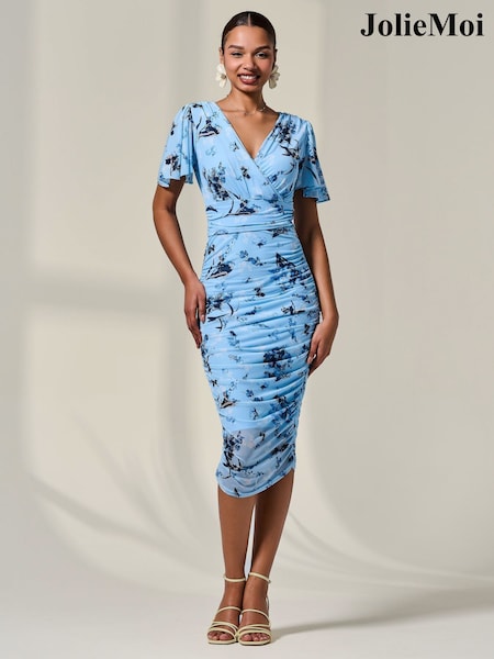 Jolie Moi Blue Mesh Sleeve Ruched Midi Dress (H63444) | €79