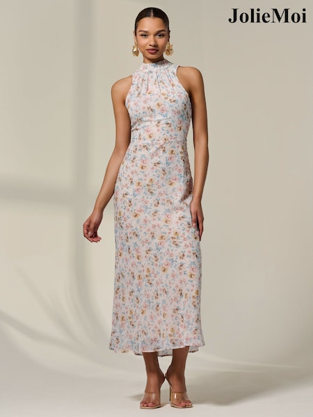 Natural - Jolie Moi Sleeveless Chiffon Halterneck Midaxi Dress (H63445) | 536 LEI
