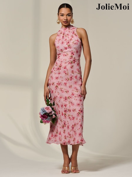 Jolie Moi Pink Chiffon Halterneck Printed Midaxi Dress (H63446) | R$ 710
