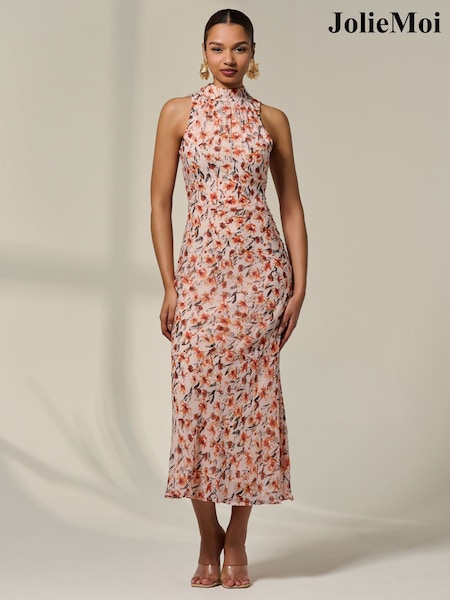 Jolie Moi Orange Chiffon Halterneck Printed Midaxi Dress (H63452) | R$ 710