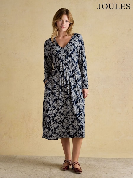 Joules Nia Navy Geo V-neck Long Sleeve Midaxi Dress (H63462) | AED262