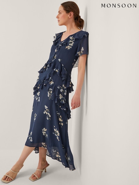 Monsoon Blue Celeste Floral Print Ruffle Maxi Dress (H63483) | €165