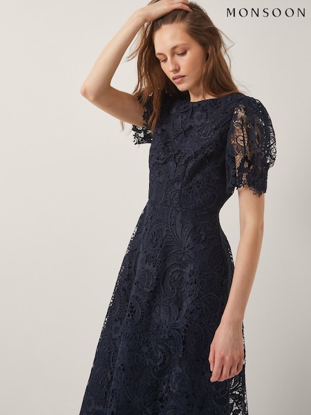 Monsoon Blue Betty Lace Puff Sleeve Midi Dress (H63488) | €204