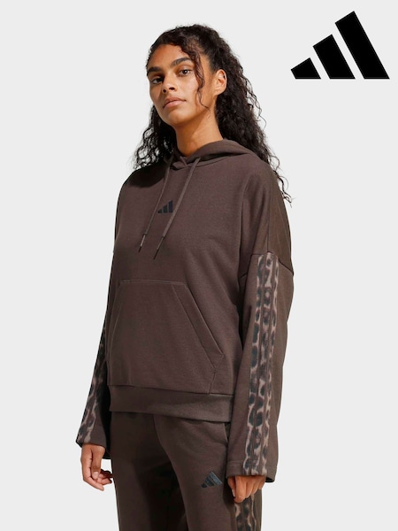 adidas Brown Seasonal Essentials Leopard Print French Terry Hoodie With 3-Stripes (H63533) | AED291