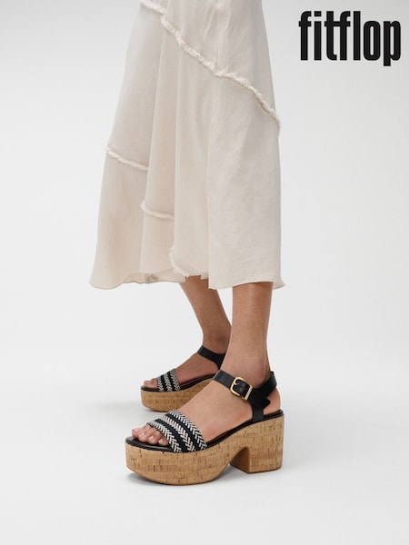 FitFlop Platfforms V-Weave Leather Heeled Black Sandals (H63705) | R$ 1.235