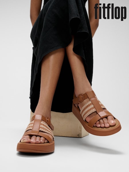 Castanho - FitFlop F-Mode V-Weave Leather Fisherman Black Sandals (H63725) | R$ 1.185