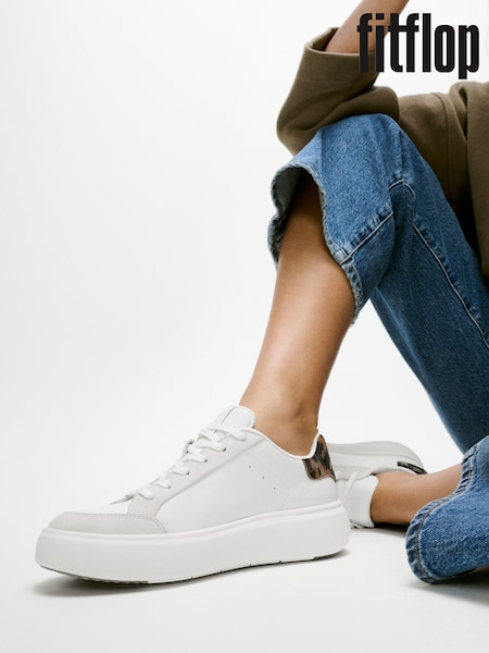 FitFlop Leopard Print Backtab Leather Suede White Sneakers (H63727) | €114
