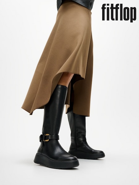 FitFlop F-Mode Square Ring Leather Flatform Tall Black Boots (H63729) | €265