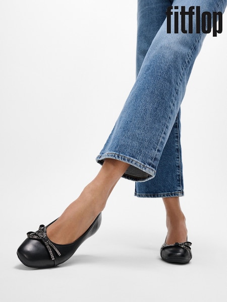 FitFlop Delicato Glitz Bow Leather Ballet Black Flats (H63731) | €108