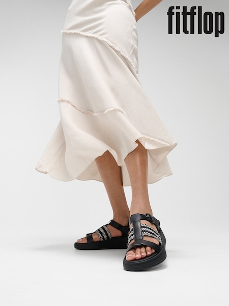 Preto - FitFlop F-Mode V-Weave Leather Fisherman Black Sandals (H63748) | R$ 1.185