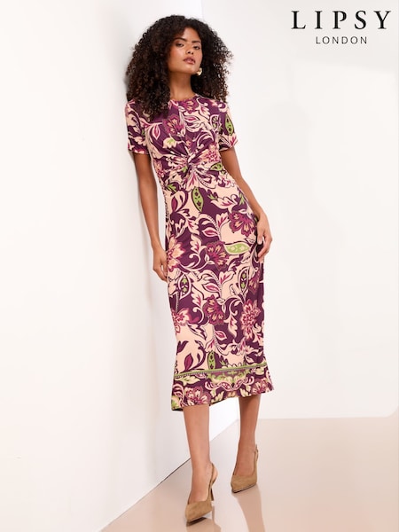 Lipsy Burgundy Red Jersey Short Sleeve Mixed Print Ruched Midi Dress (H63760) | €65
