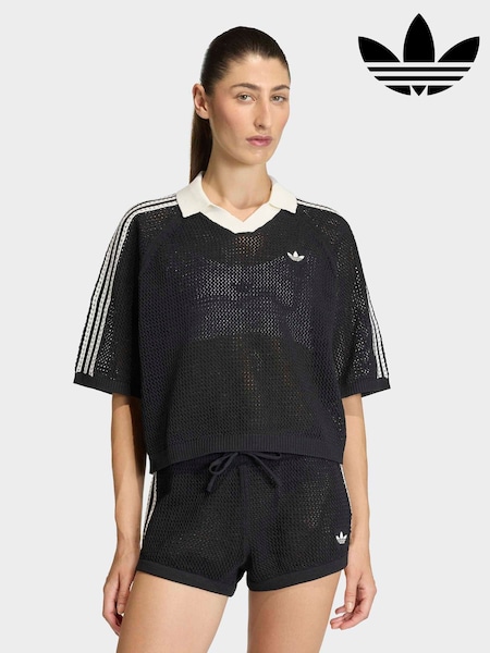 adidas originals Black Knitted Crochet Polo Shirt (H63790) | $88