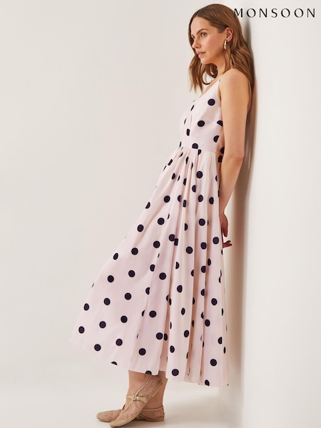 Monsoon Natural Sicily Polka Dot Fit & Flare Midi Dress (H64037) | €179