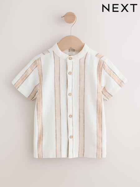 إكرو/بني - Short Sleeve Grandad Collar Textured Stripe Shirt (3mths-7yrs) (H64282) | ‏68 ر.ق. - ‏78 ر.ق.