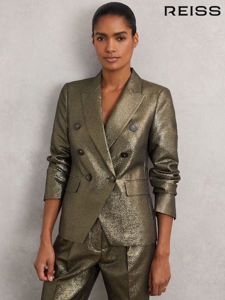 ذهبي - Reiss Sienna Double-Breasted Metallic Suit Blazer with Cotton (H64300) | ‏1,800 د.إ.‏