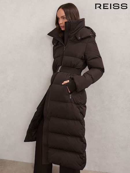 Reiss Chocolate Brown Colette Petite Belted Longline Hooded Puffer Coat (H64301) | €570