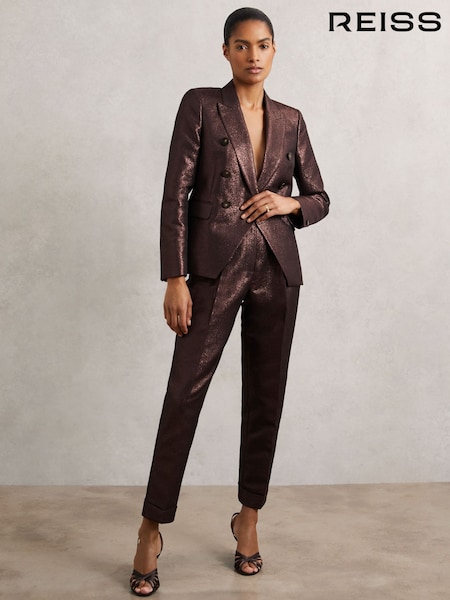 عنابي - Reiss Sienna Double-Breasted Metallic Suit Blazer with Cotton (H64304) | ‏1,800 د.إ.‏