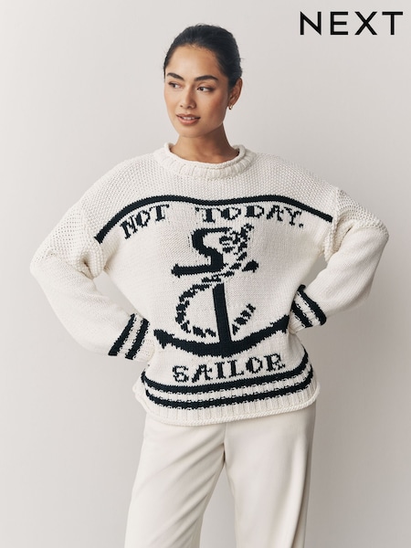 White/Blue Knitted Sailor Slogan Jumper (H64365) | €67