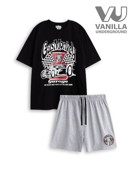 Vanilla Underground Black Mens Gas Monkey Garage Short Sleeve Short Leg Pyjamas Set (H64493) | AED182
