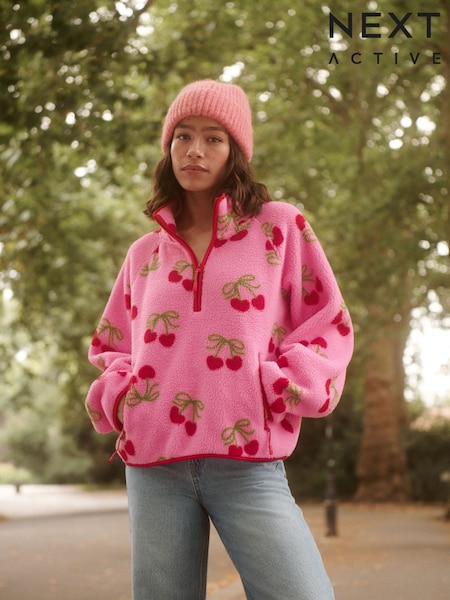 Cherry Print Active Quarter Zip Borg Jacket (H64664) | €54