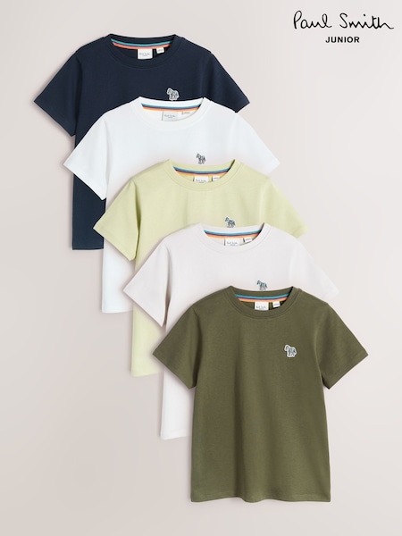 Paul Smith Junior Navy/Green/White/Stone Signature T-Shirts 5 Pack (H64789) | $115